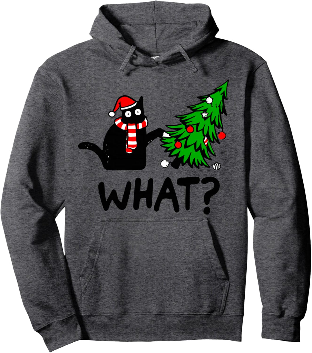 Funny Black Cat Gift Pushing Christmas Tree Over Cat What? Pullover Hoodie