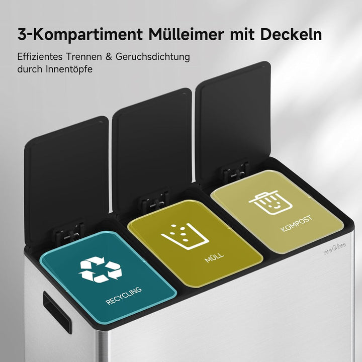 mVm Mülleimer Küche,45 Liter Treteimer,3 x 15 Liter Treteimer, 3 Fächer, Mülltrennsystem, Abfalleime