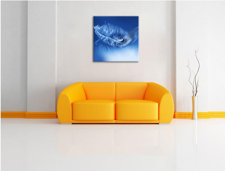 Wassertropfen auf Feder, Format: 70x70 auf Leinwand, XXL riesige Bilder fertig gerahmt mit Keilrahme