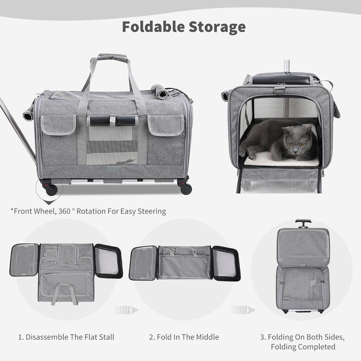 PETCUTE Transporttasche für Katze mit Rollen,Atmungsaktiv Katzen Transporttasche für 2 Katzen,Faltba