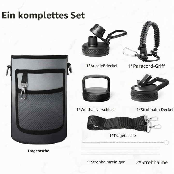 Trebo Wasserflasche mit Paracord-Griff, 1,8 l, lebensmittelecht, doppelwandig, vakuumierter Edelstah