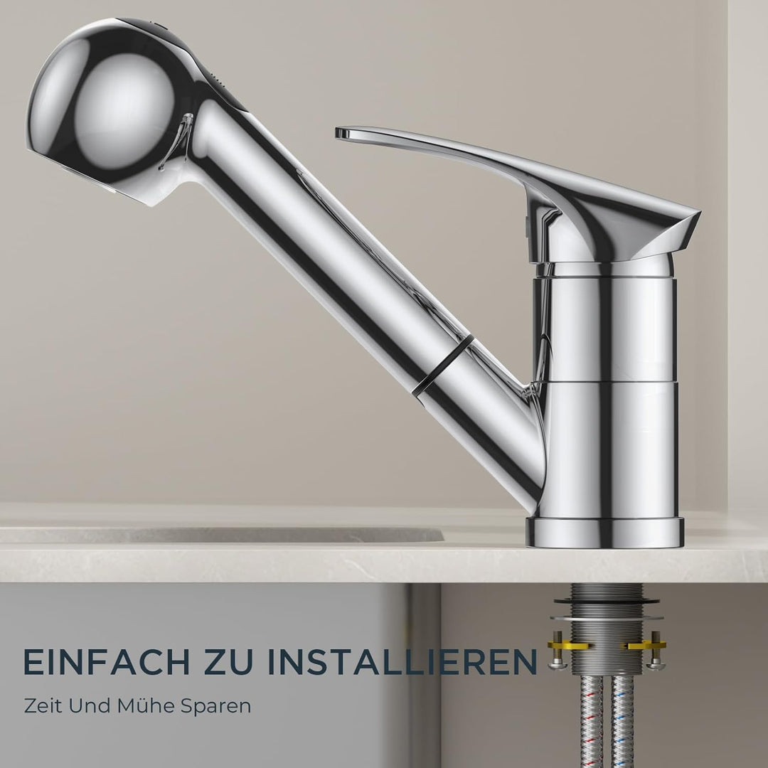 FORIOUS Wasserhahn Küche Polierter Chrom, Edelstahl Spültischarmatur mit Brause, Einhebelmischer Küc