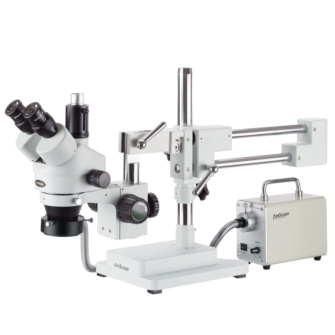 AmScope SM-4TPZ-30WR Simul-Fokales Trinokulares-Boom-Stereomikroskop mit LED-Glasfaser-Ringlicht, 3.