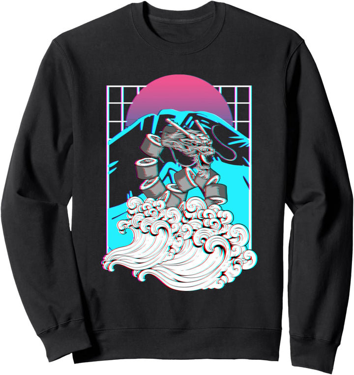 Vaporwave Japanisch Sushi Drache Kanagawa Japan Fuji Glitch Sweatshirt