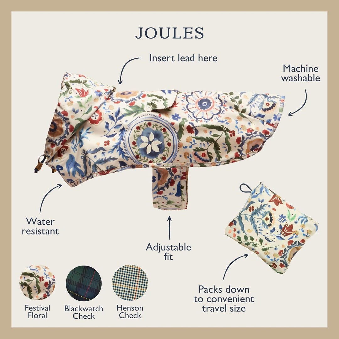 Rosewood x Joules Festival Floral Packaway Hundejacke, Grösse M, leicht, wasserabweisend, mit Kapuze