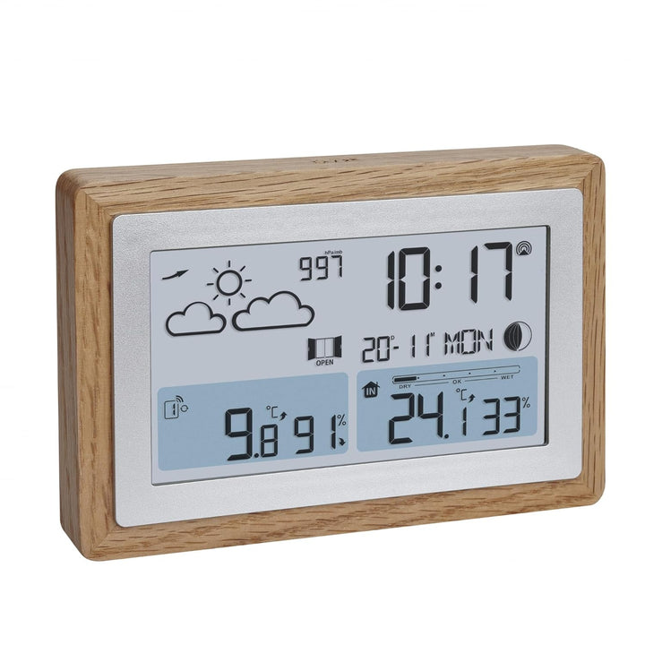 TFA Dostmann Funk-Wetterstation mit Aussensensor OAK, 35.1167 Wettervorhersage, mit Holz-Rahmen, Inn