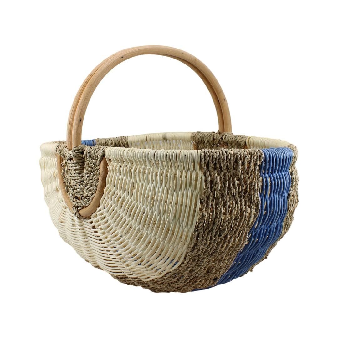 Grosser Einkaufskorb aus Rattan & Seegras – Handgeflochtener Picknickkorb mit Henkel – 48x33x24 cm –