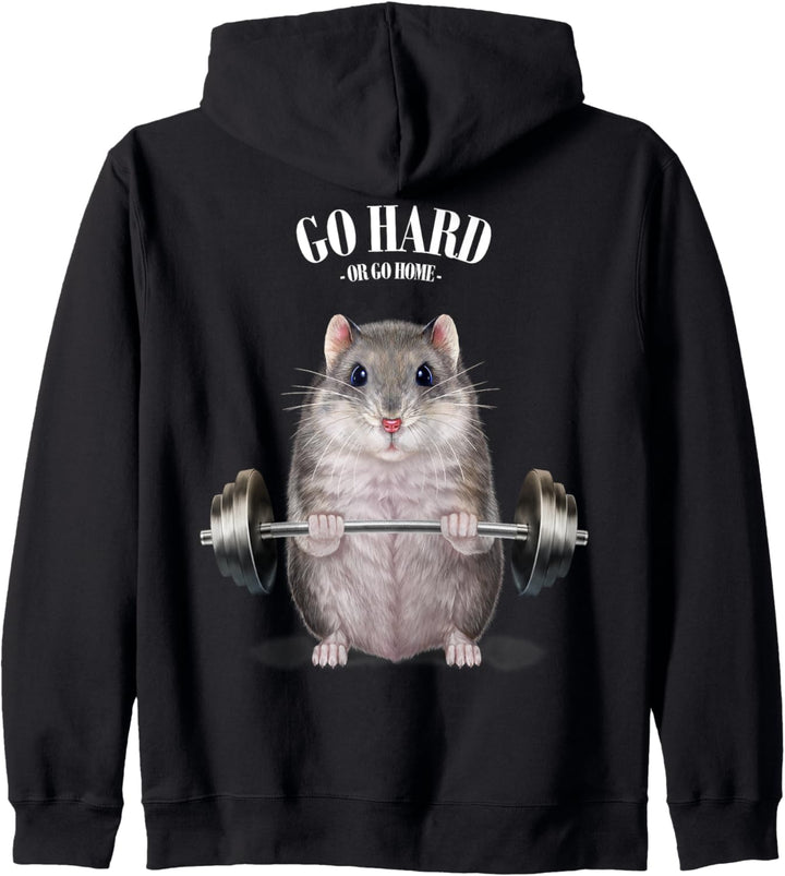 Zwerghamster, der Gewichte im Fitnessstudio hebt Kapuzenjacke