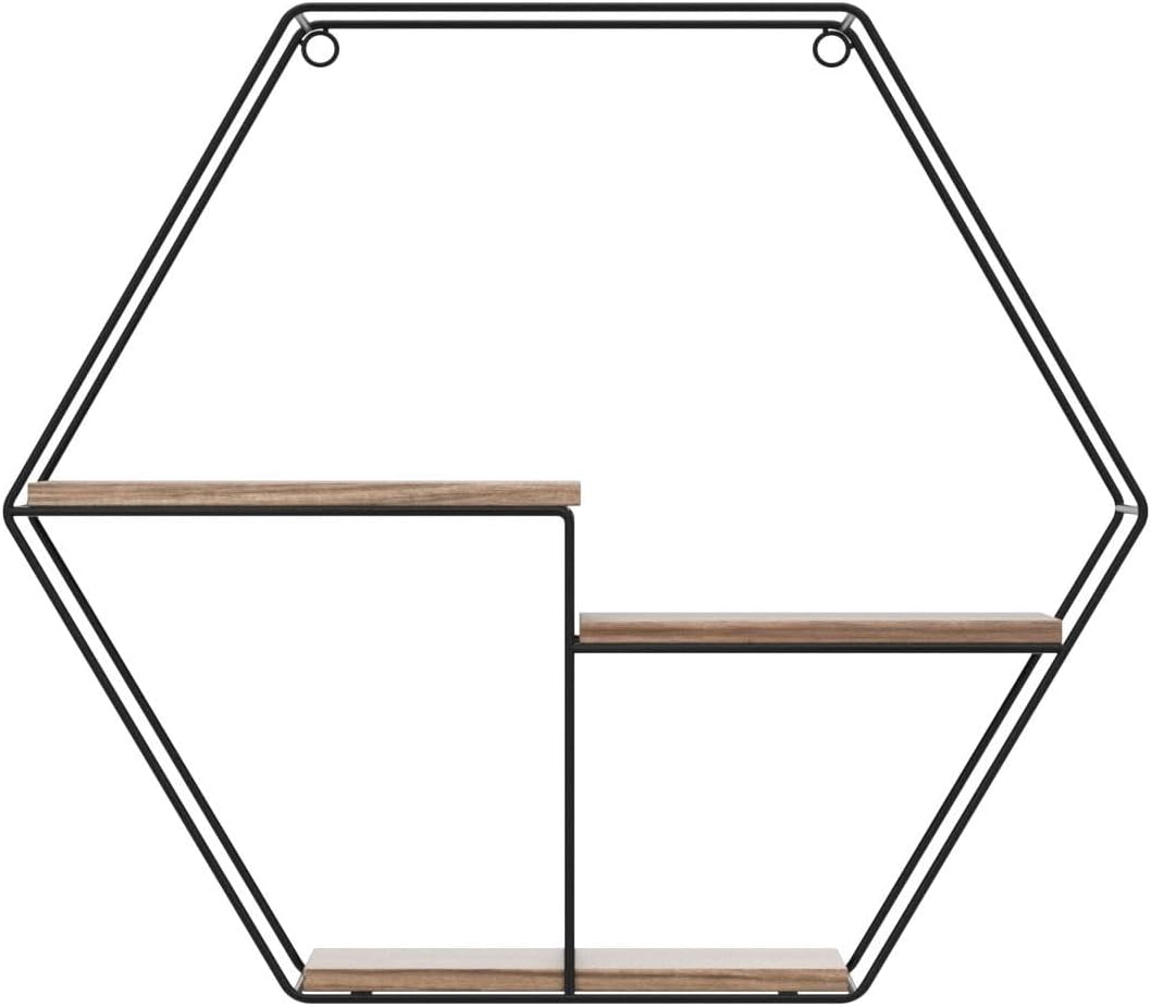 Vivol Metall Wandregal Schwarz mit 3 Holzböden - Sechseck - 48x55x10 cm - Hängend Metallregal - Wand
