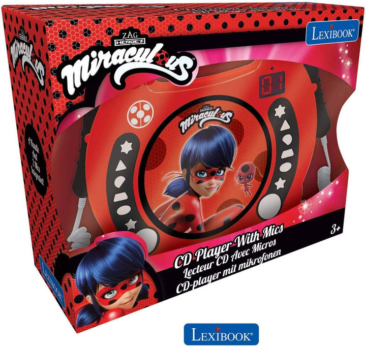 Lexibook, Miraculous Ladybug Cat Noir, Tragbarer CD-Spieler mit Mikrofonen, Musikplayer, Wiederholun
