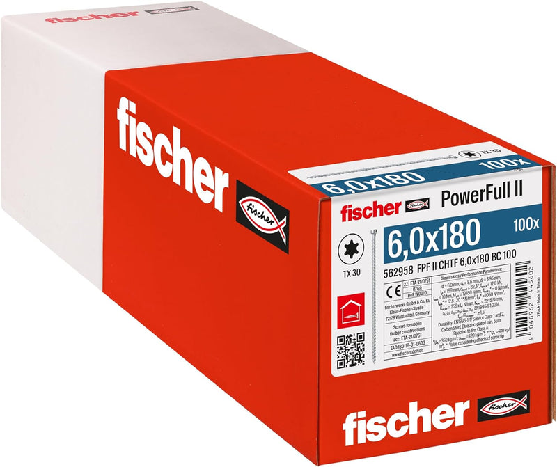 fischer PowerFull II 6,0 x 180, Premium Vollgewindeschraube (100 Stk.) mit innovativer Spitzengeomet