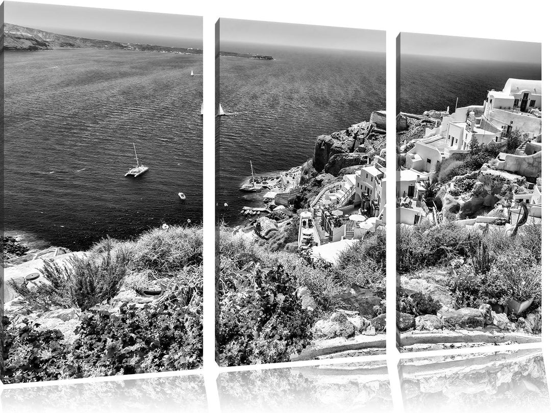 Pixxprint Monocrome, Griechische Küste 3-Teiler Leinwandbild 120x80 Bild auf Leinwand