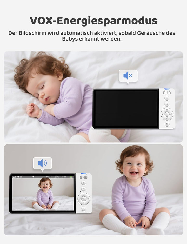 GHB Babyphone mit Kamera 5 Zoll IPS-Display 720P 5000 mAh VOX-Energiesparmodus 4X Zoom Nachtsicht Zw