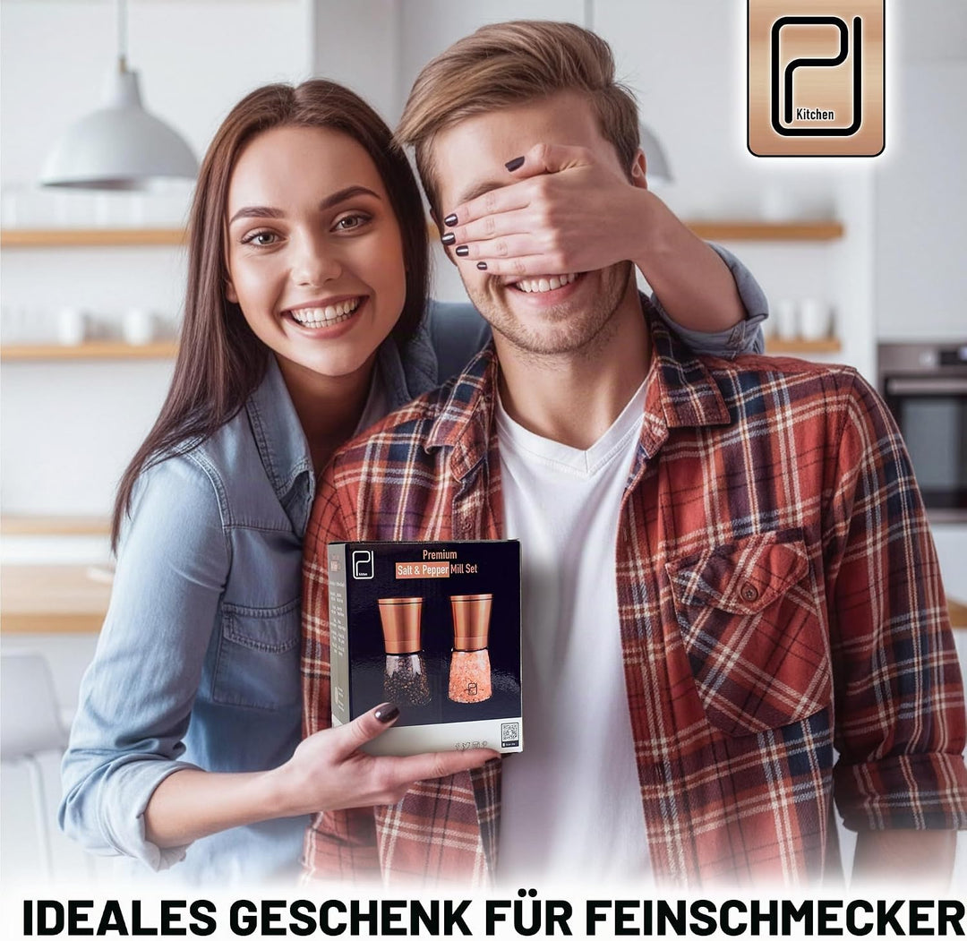 Premium Salz- und Pfeffermühle-Set - Beste kupferfarbige Edelstahl-Mühle, Handliche Magnetdeckel, Ke