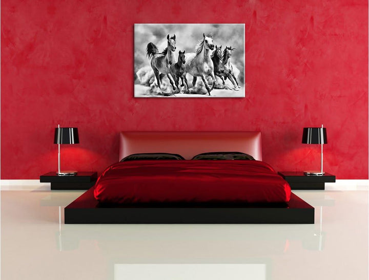 Pixxprint Monocrome, Western Pferde in Wüste mit Fohlen, Format: 100x70 auf Leinwand, 100x70