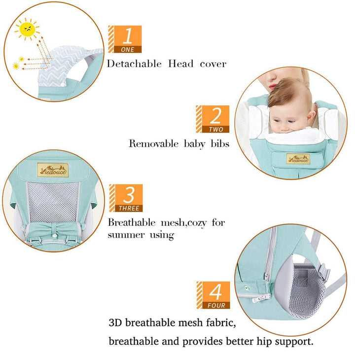 Viedouce Babytrage Ergonomische mit Hüftsitz/Reine Baumwolle Leicht und atmungsaktiv/Multiposition:D