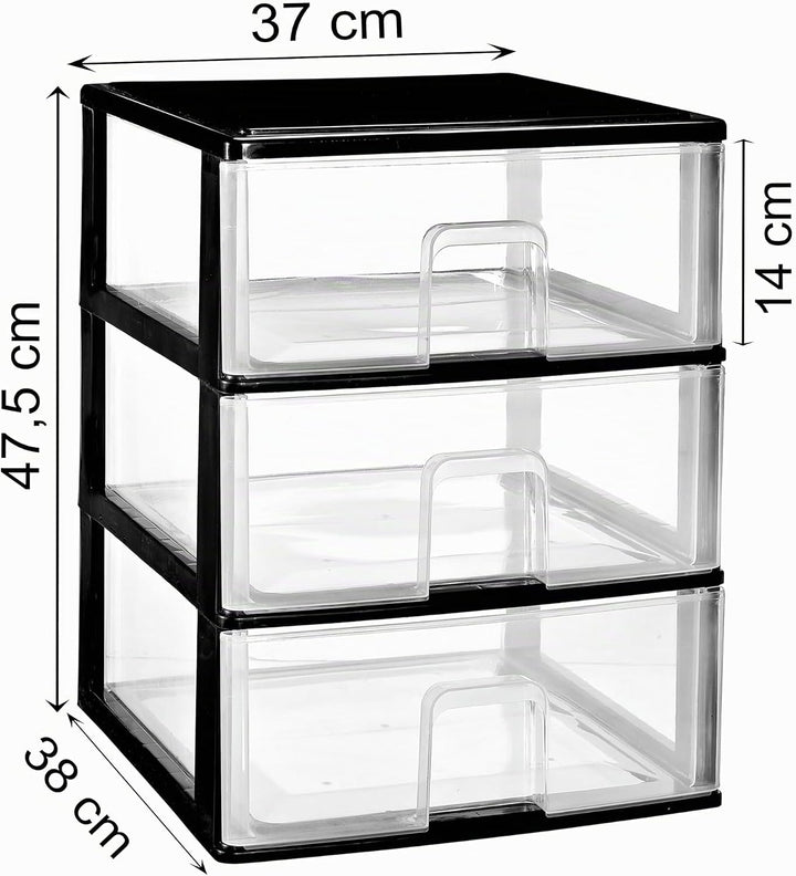 Hummelladen Schubladenbox mit 3 grossen Schubladen 38x37x47 cm - Weiss-transparent Kunststoff Drawer