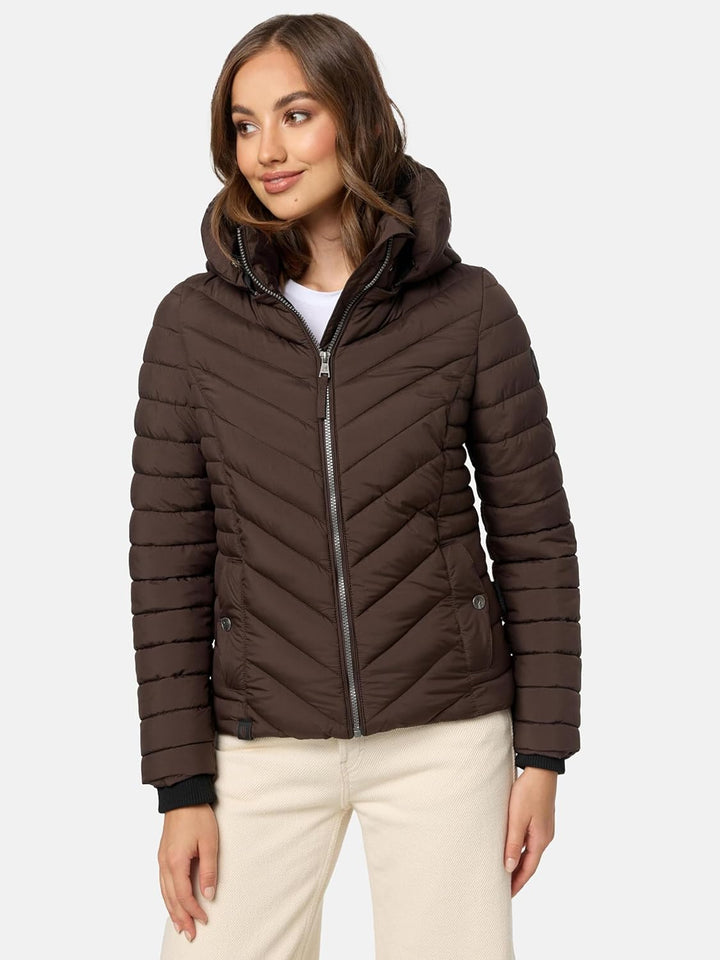 MARIKOO Damen Übergangsjacke leichte Steppjacke kurz mit Abnehmbarer Kapuze Kagomee XS-XXL XL Dark C