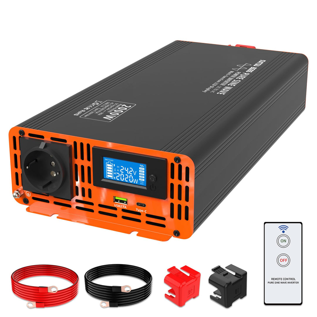 DATOUBOSS Wechselrichter Reiner Sinus 2000W/4000W Spannungswandler 24V 230V LCD-Display und 1x USB +