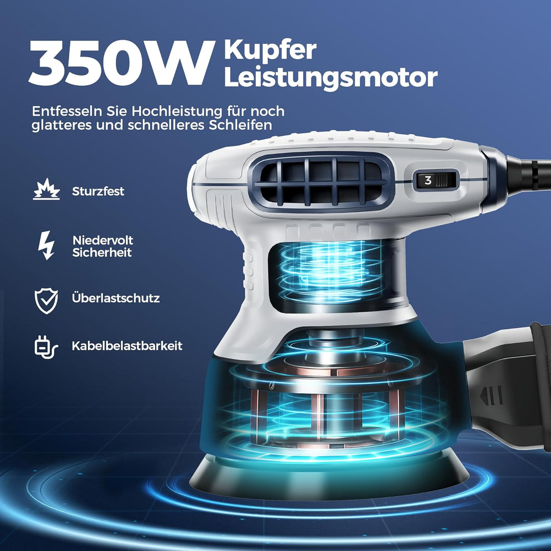 Exzenterschleifer 125mm mit Bremse, 350W Schleifmaschine für Holz mit 15 Schleifpapier & Staubabsaug