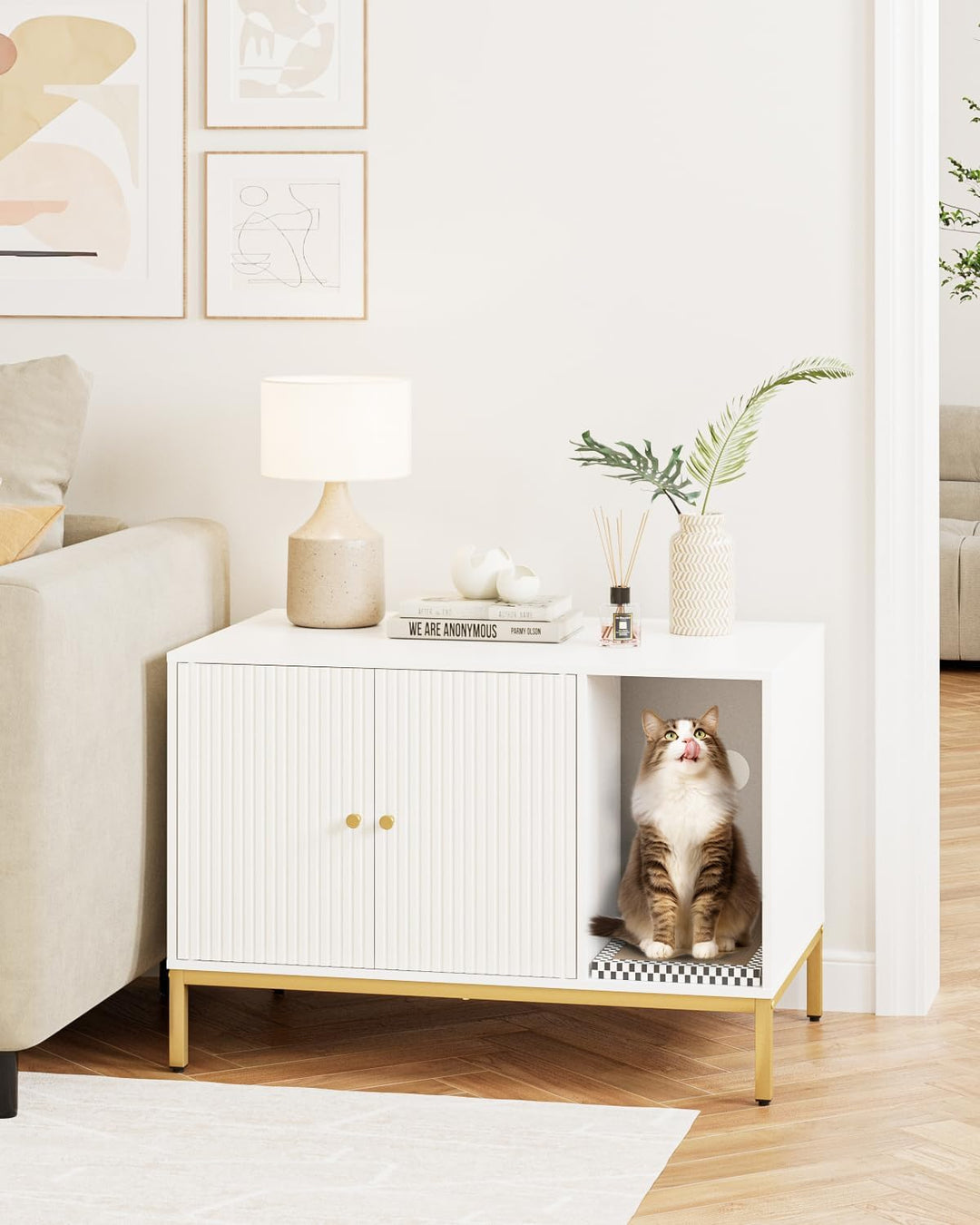 Katzenklo Schrank, Katzenkloschrank mit Doppeltüren, Katzenhaus mit Kratzmatte, hohe Beine, für Katz