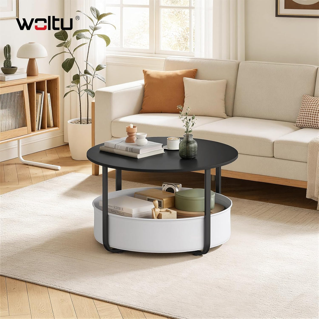 WOLTU Runder Couchtisch Ø 80 x H 50 cm, Nachttisch mit Aufbewahrungskorb, aus PB-Platte + Metall + S
