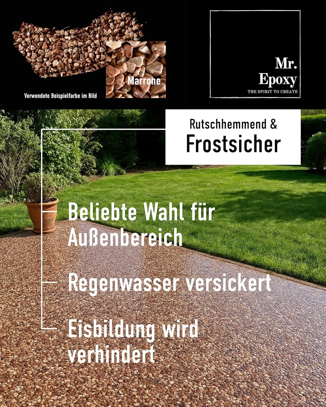 Steinteppich für Aussen &amp; Innen Komplettset (25kg Kies + 1,3kg Bindemittel) - UV-Stabil &amp; Geruchsneu