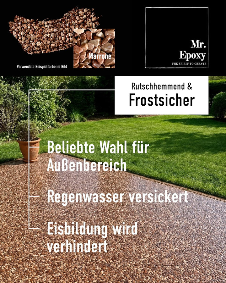 Steinteppich für Aussen &amp; Innen Komplettset (25kg Kies + 1,3kg Bindemittel) - UV-Stabil &amp; Geruchsneu
