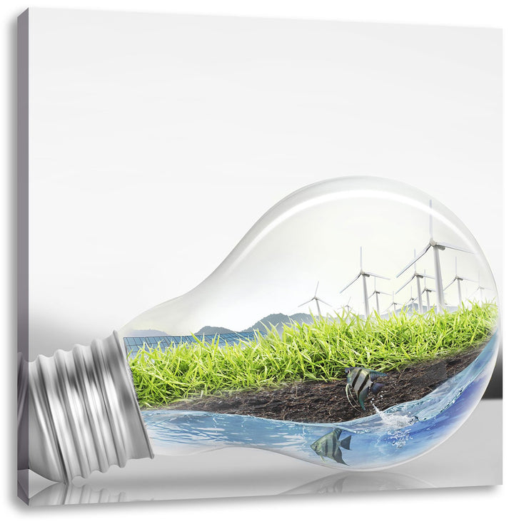 Pixxprint grüne Energie in Glühbirne schwarz/weiss, Format: 70x70 auf Leinwand, 70x70