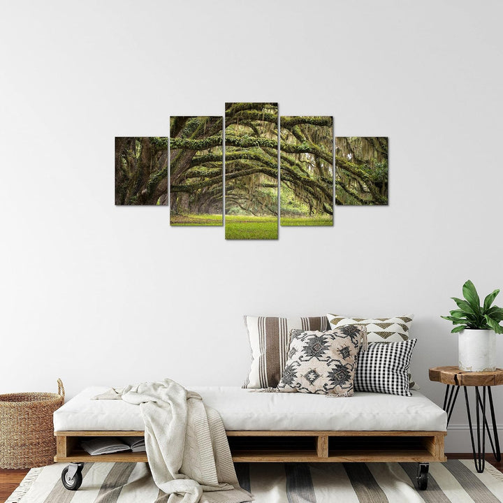 Runa Art Bild Schlafzimmer Wohnzimmer Wald Landschaft 5 Teilig Natur Grün Wandbilder auf Vlies Leinw