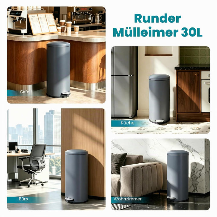Mülleimer 30L Treteimer mit Softclose-Deckel und Pedal, Grau | 30L Edelstahl Treteimer, Rund, Müllei
