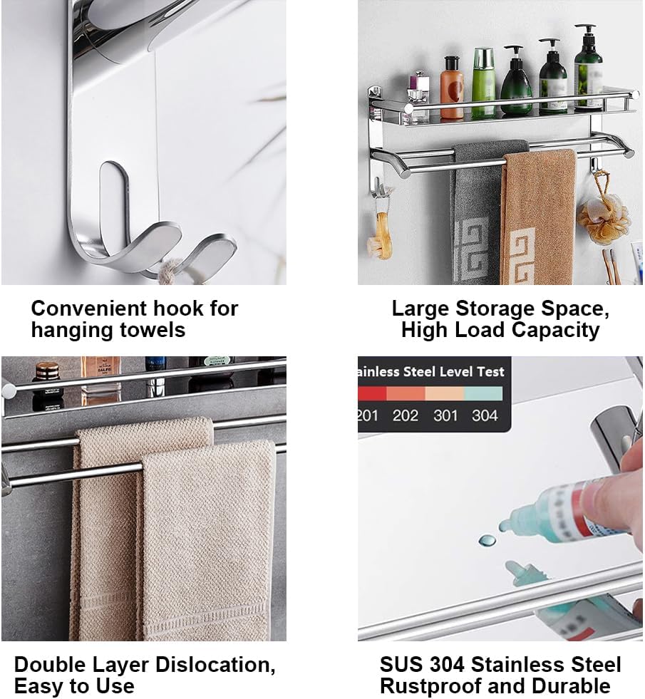 HONPHIER®Handtuchhalter Chrom Handtuchstangen Edelstahl mit Regal und Haken Handtuchstange Bad 59 cm