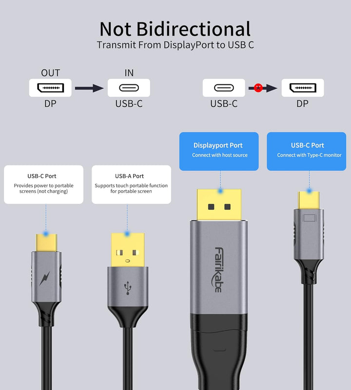 fairikabe DisplayPort auf USB C 4K 60Hz, Upgrade DisplayPort auf USB-C Kabel, 2m, unidirektionales D