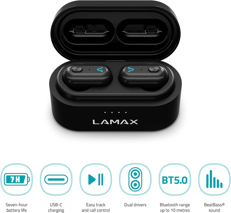 Lamax Duals1 Bluetooth Kopfhörer 5.0 USB-C, In Ear Kopfhörer mit Dual-Treiber, Bis zu 28 Stunden Hör