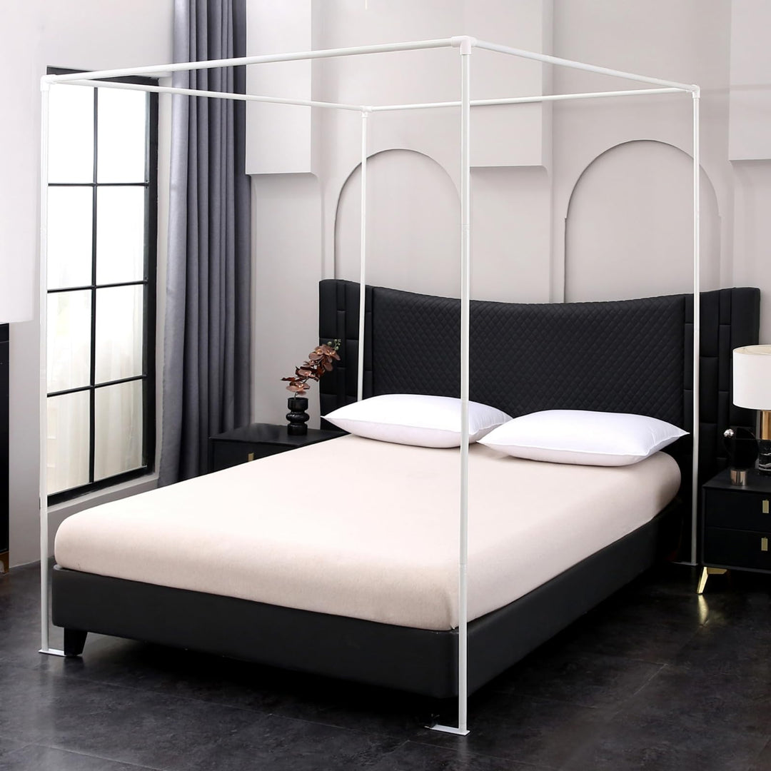 Beyeutao Himmelbett Gestell Weiss Himmelbett Stange B140 × L200×H200 cm Bettvorhangrahmen mit Füssen