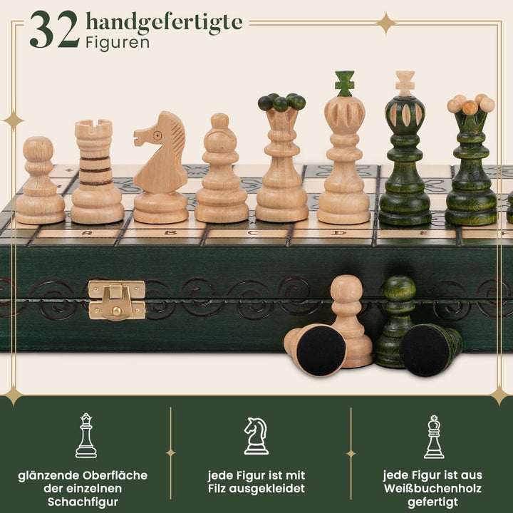 Handgefertigt Schachbrett Holz Klappbar | Master of Chess Schachspiel Holz Grüne | Chess Set 42cm |