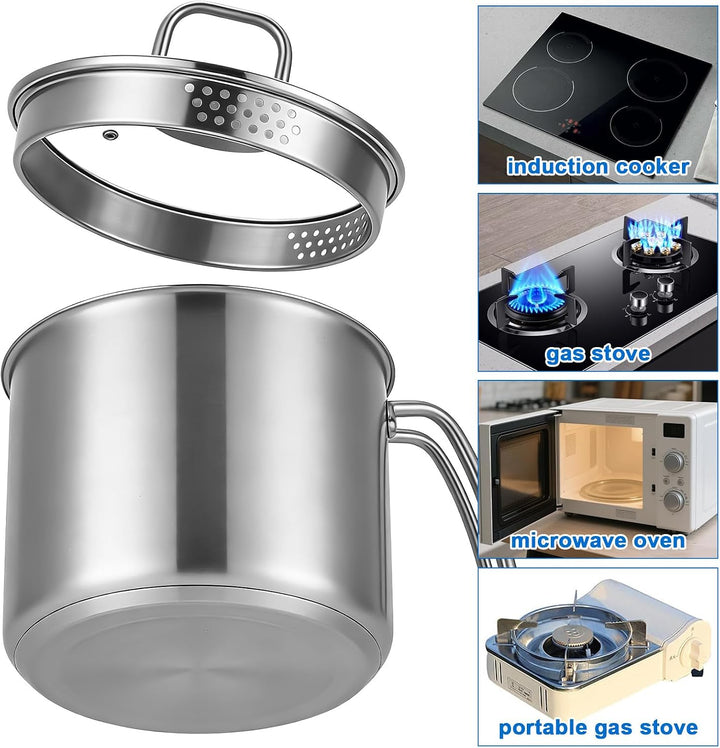 Milchtopf Edelstahl mit Deckel, 1.9L Edelstahltopf mit Glasdeckel, Kochtopf Induktion mit Griff und