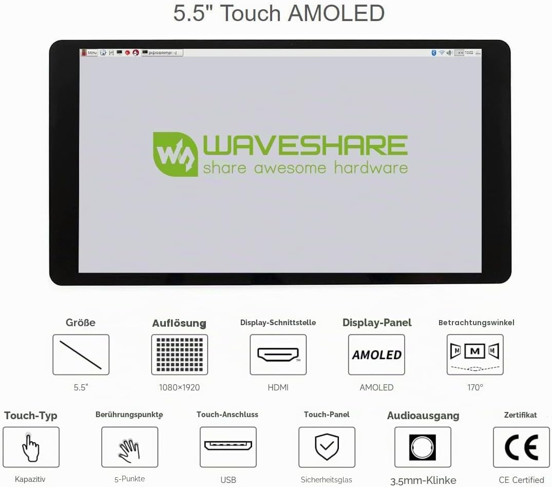 Waveshare 5.5inch HDMI AMOLED Display 1920x1080 Resolution Capacitive Touch Screen with Toughened Gl