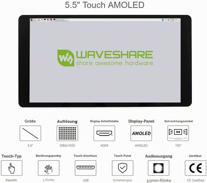 Waveshare 5.5inch HDMI AMOLED Display 1920x1080 Resolution Capacitive Touch Screen with Toughened Gl