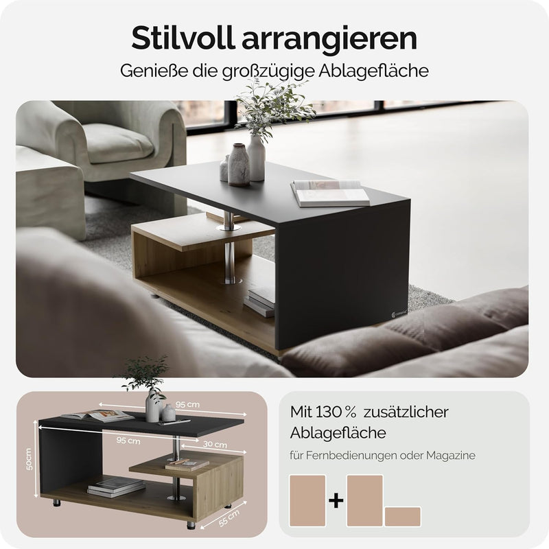 Casaria® Couchtisch Grau Holz Modern mit Stauraum 95x55cm Edelstahl Füsse Rund Höhenverstellbar Abla