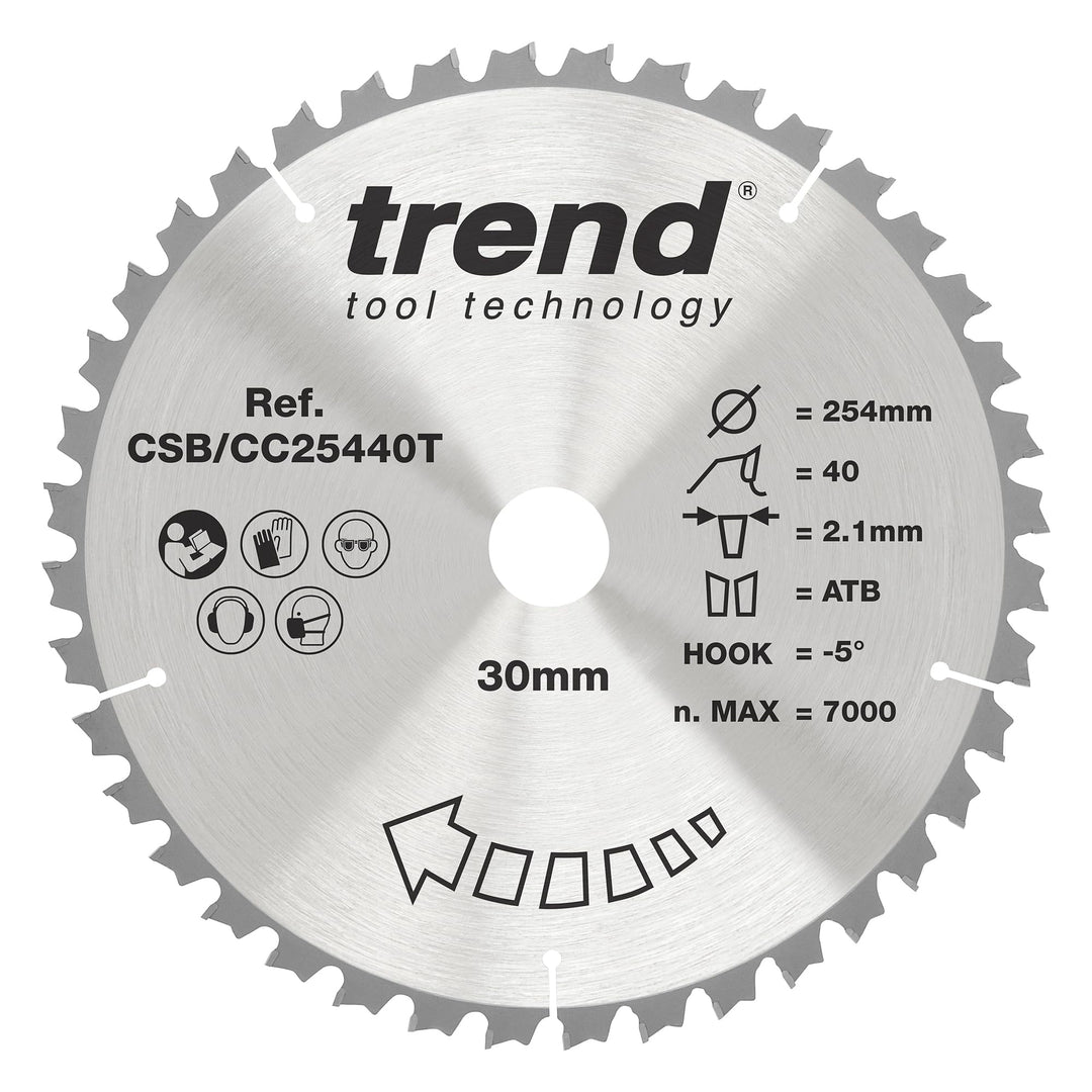 Trend CraftPro Negativhaken Querschnitts-TCT-Sägeblatt, 254mm x 40 Zähne x 30mm Bohrung, Hartmetallb