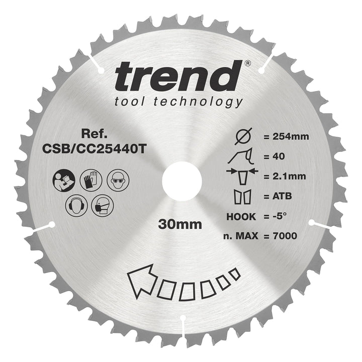 Trend CraftPro Negativhaken Querschnitts-TCT-Sägeblatt, 254mm x 40 Zähne x 30mm Bohrung, Hartmetallb