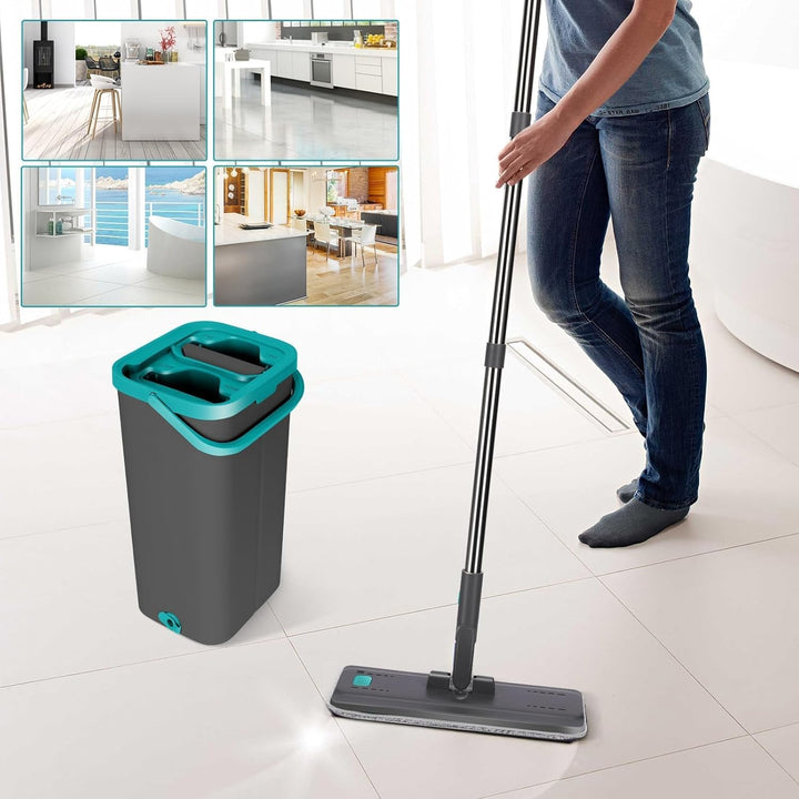 Masthome Wischmopp Set mit Eimer, Bodenwischer mit Putzeimer 2 In 1,Flachmopp Set und 6 Mikrofaser W