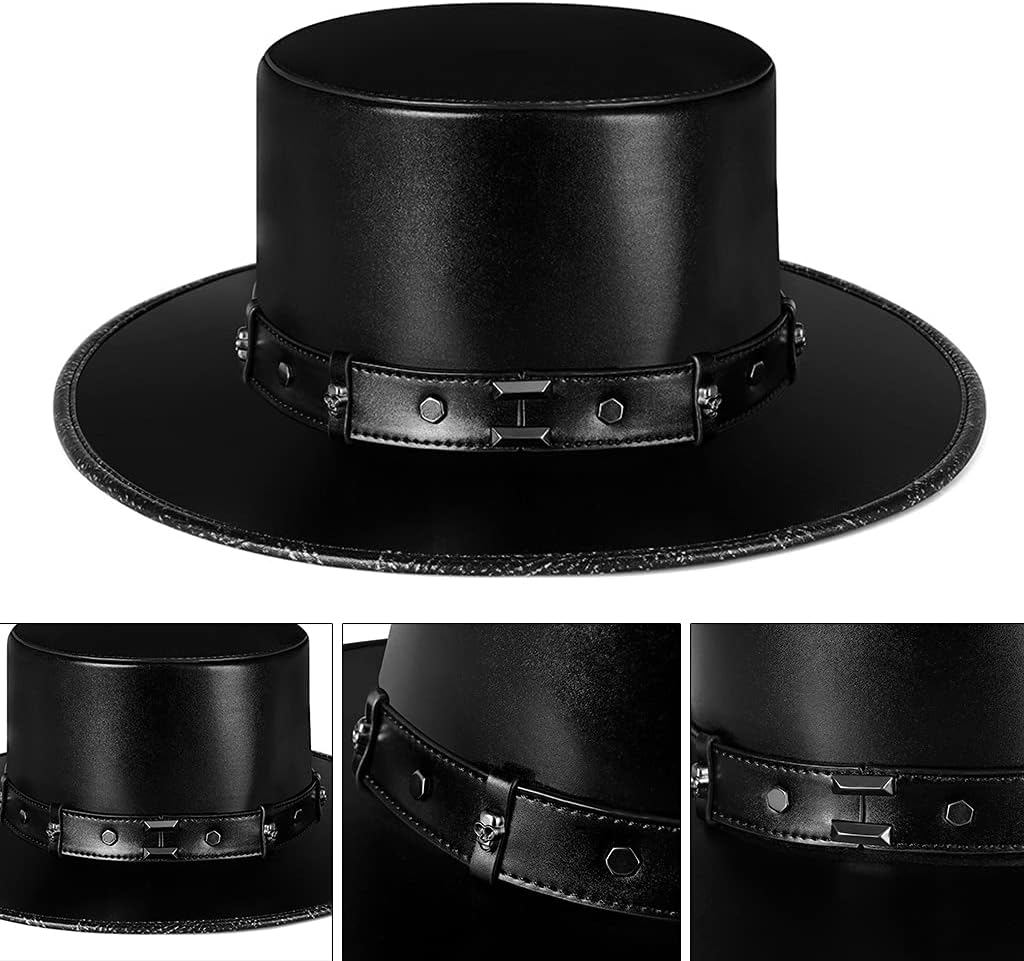 MYBOON Pest-Doktor-Hut PU-Leder-Schwarzer Flacher Zylinder für Halloween-Cosplay