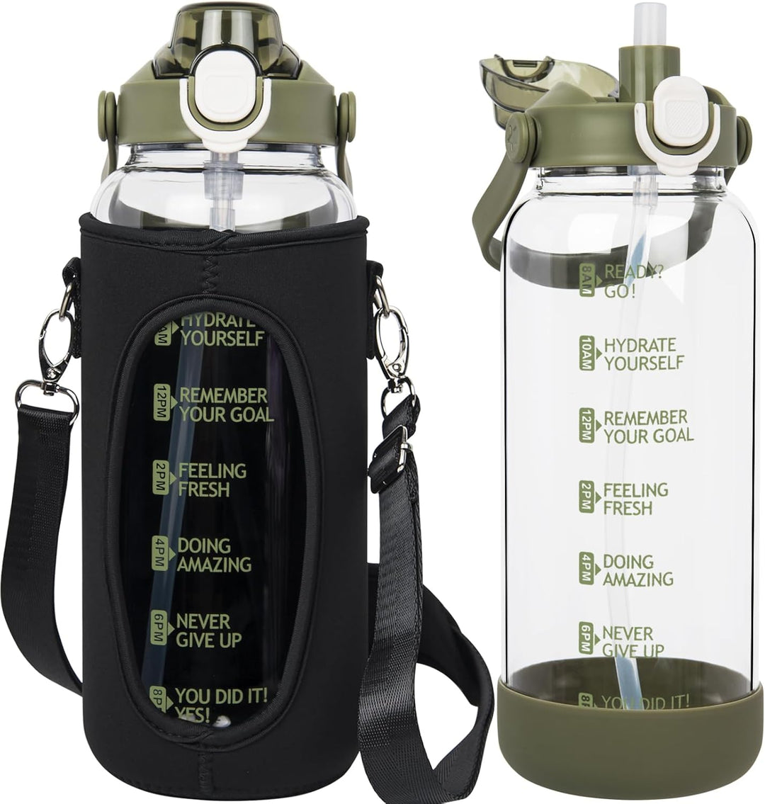 Seekua 1.5 liter Trinkflasche Glas Flasche mit Strohhalm & Zeitmarkierung, 1.5l Wasserflasche mit Fr