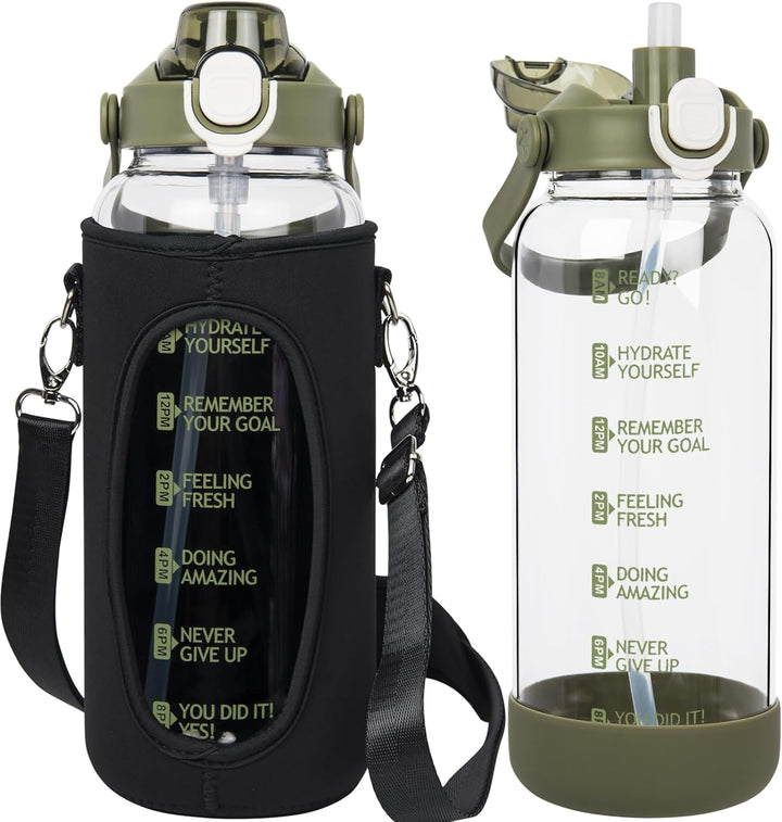 Seekua 1.5 liter Trinkflasche Glas Flasche mit Strohhalm & Zeitmarkierung, 1.5l Wasserflasche mit Fr