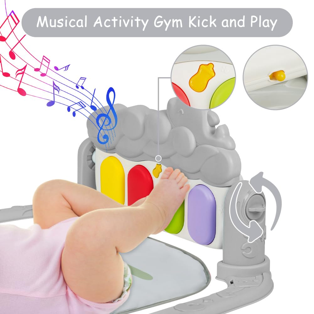 AOMIG Piano-Gym Spieldecke, Krabbeldecke mit Musik und Lichtern, Spielmatte mit Spielbogen abnehmbar