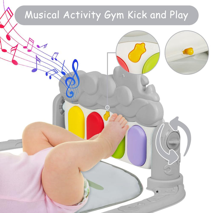 AOMIG Piano-Gym Spieldecke, Krabbeldecke mit Musik und Lichtern, Spielmatte mit Spielbogen abnehmbar