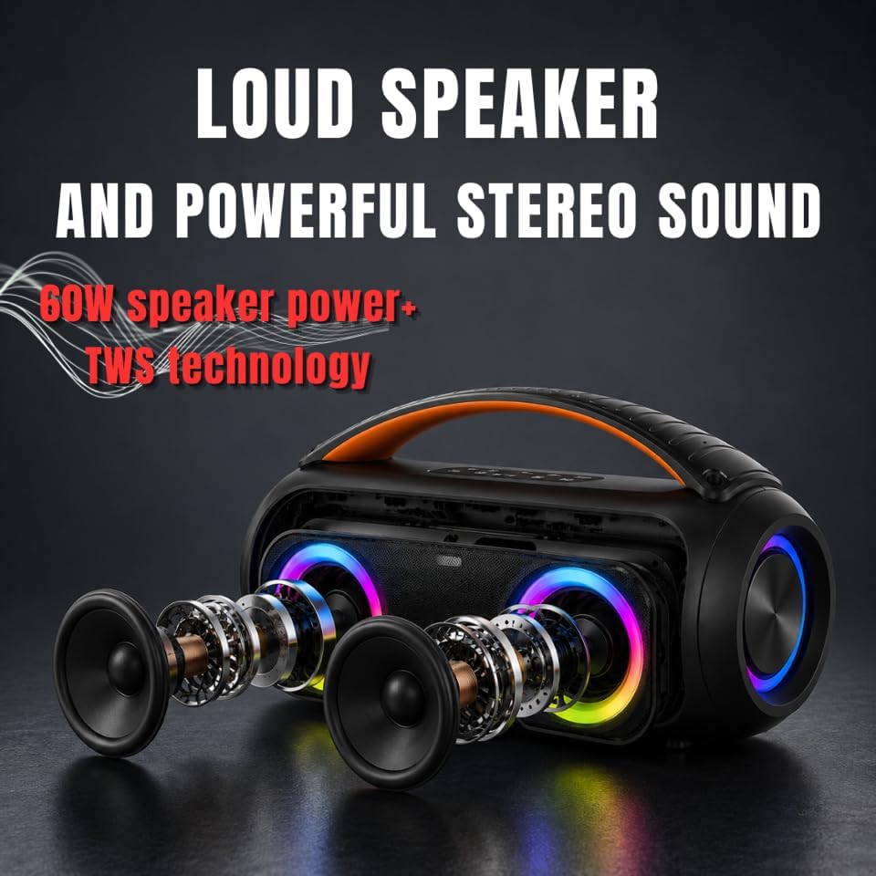 DYNASONIC D93 Tragbarer Bluetooth Lautsprecher IPX7. Kabelloser Outdoor-Lautsprecher. Stereoanlage.