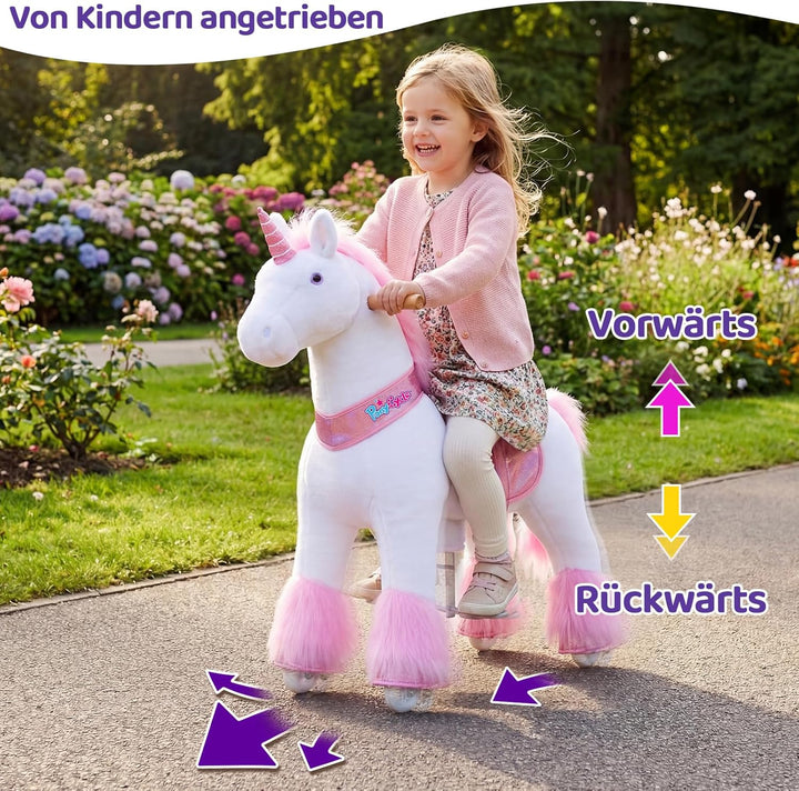 PonyCycle Einhorn zum Reiten, für Kinder 4–7 Jahre, 76cm Hoch, Einhorn auf Rollen mit Handbremse und